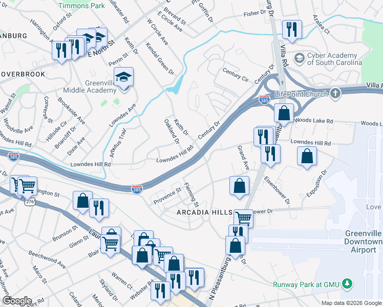 map of restaurants, bars, coffee shops, grocery stores, and more near 612 Lowndes Hill Road in Greenville