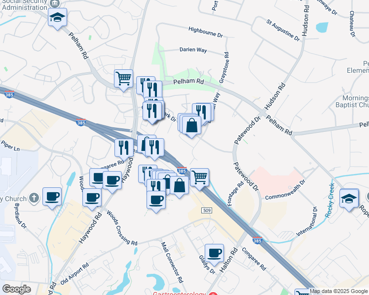 map of restaurants, bars, coffee shops, grocery stores, and more near 70 Orchard Park Drive in Greenville