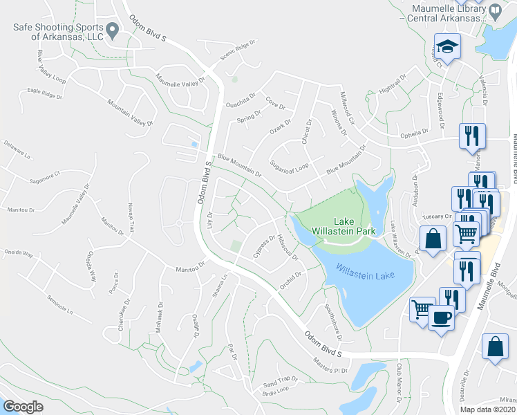 map of restaurants, bars, coffee shops, grocery stores, and more near 124 Lily Drive in Maumelle
