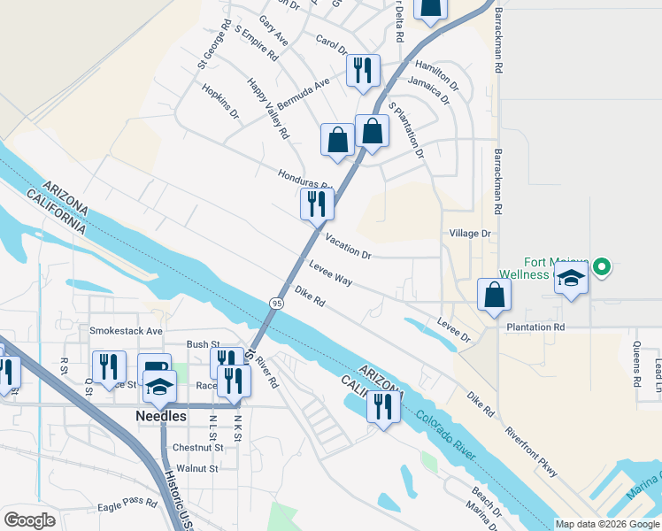 map of restaurants, bars, coffee shops, grocery stores, and more near 1287 Levee Drive in Mohave Valley