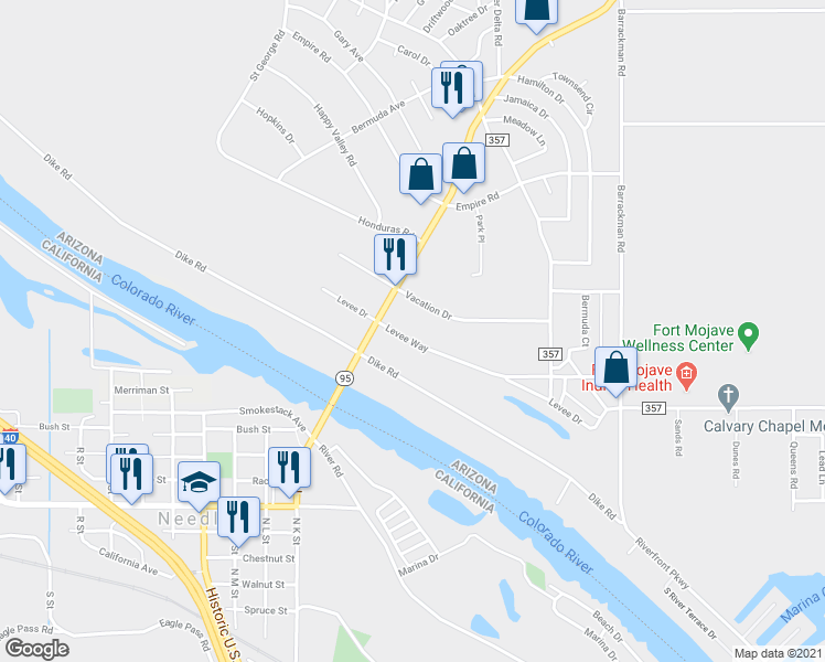 map of restaurants, bars, coffee shops, grocery stores, and more near 1287 Levee Drive in Mohave Valley