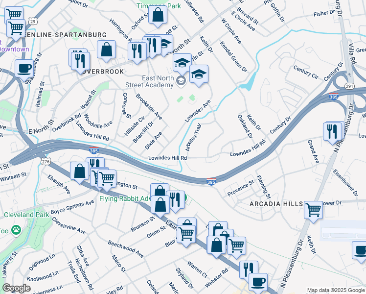 map of restaurants, bars, coffee shops, grocery stores, and more near 9 Arbutus Trail in Greenville