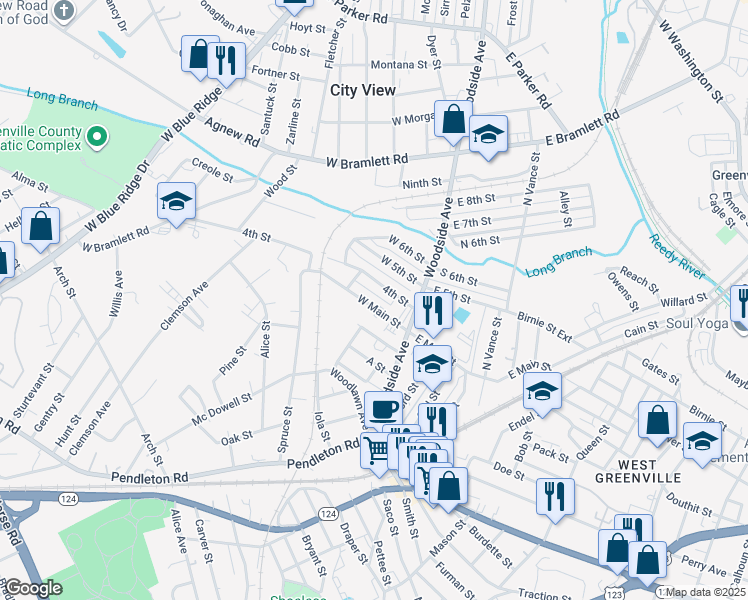 map of restaurants, bars, coffee shops, grocery stores, and more near 24 West Main Street in Greenville
