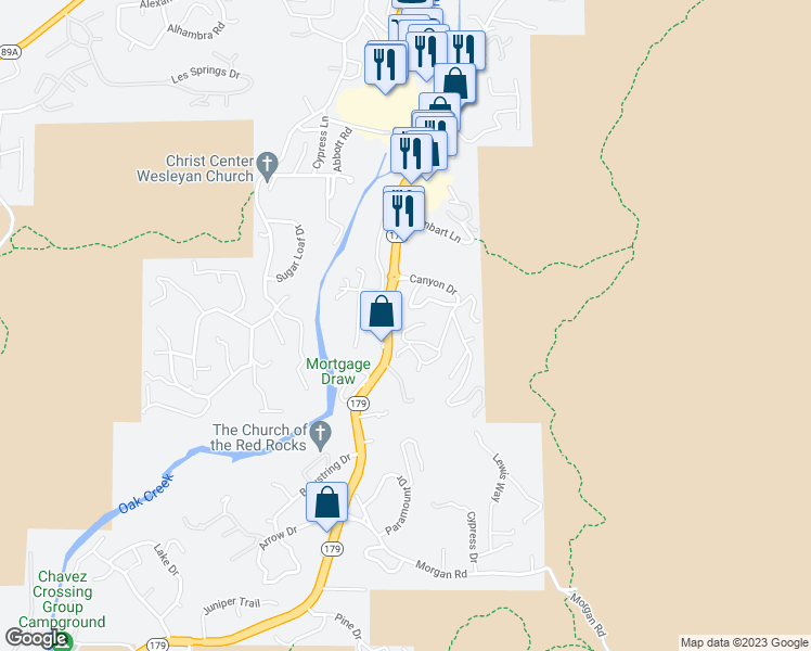map of restaurants, bars, coffee shops, grocery stores, and more near 180 Redstone Drive in Sedona