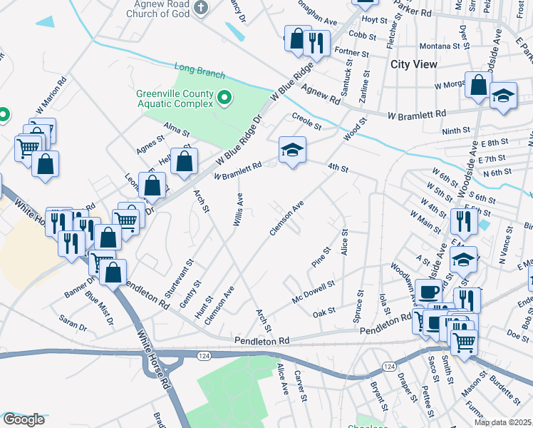 map of restaurants, bars, coffee shops, grocery stores, and more near 223 Clemson Avenue in Greenville