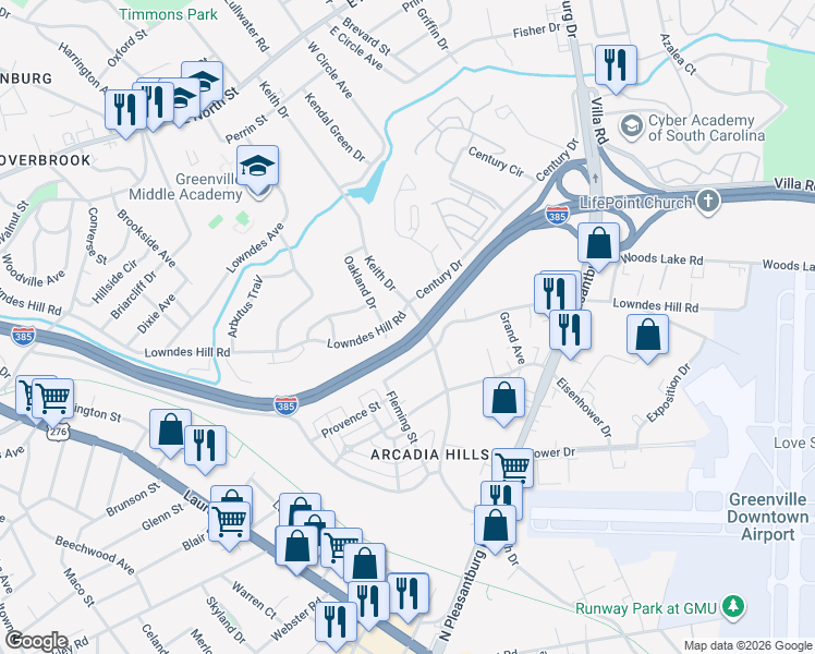 map of restaurants, bars, coffee shops, grocery stores, and more near 612 Lowndes Hill Road in Greenville