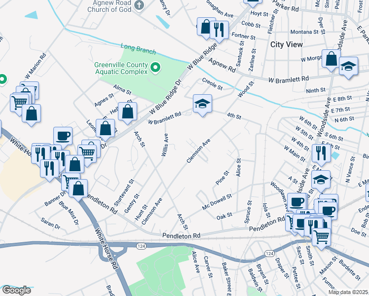 map of restaurants, bars, coffee shops, grocery stores, and more near 223 Clemson Avenue in Greenville