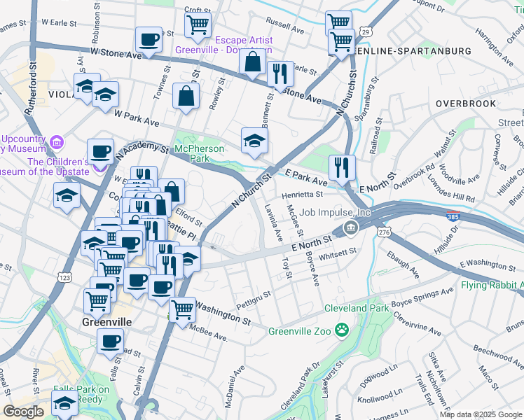 map of restaurants, bars, coffee shops, grocery stores, and more near 635 North Academy Street in Greenville