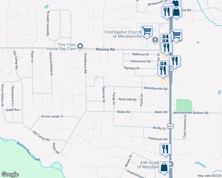 map of restaurants, bars, coffee shops, grocery stores, and more near 298 Meridianville Road in Meridianville