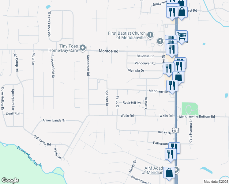 map of restaurants, bars, coffee shops, grocery stores, and more near 298 Meridianville Road in Meridianville