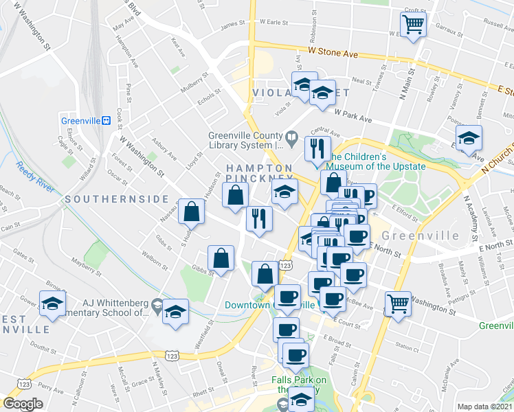 map of restaurants, bars, coffee shops, grocery stores, and more near 231 Hampton Avenue in Greenville