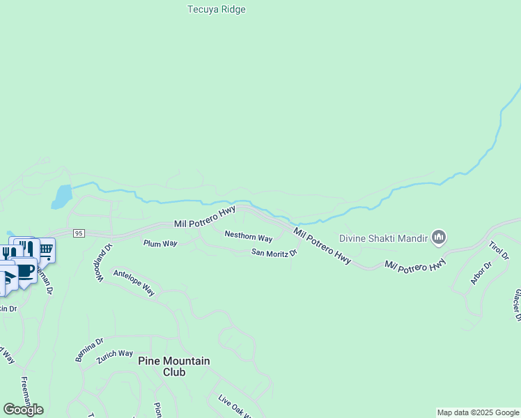 map of restaurants, bars, coffee shops, grocery stores, and more near 15408 Mil Potrero Highway in Pine Mountain Club