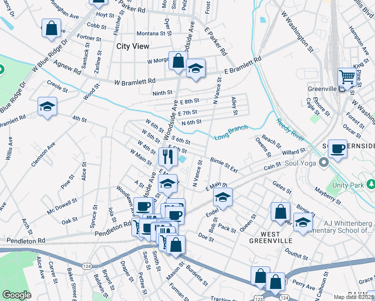 map of restaurants, bars, coffee shops, grocery stores, and more near 29 East 5th Street in Greenville