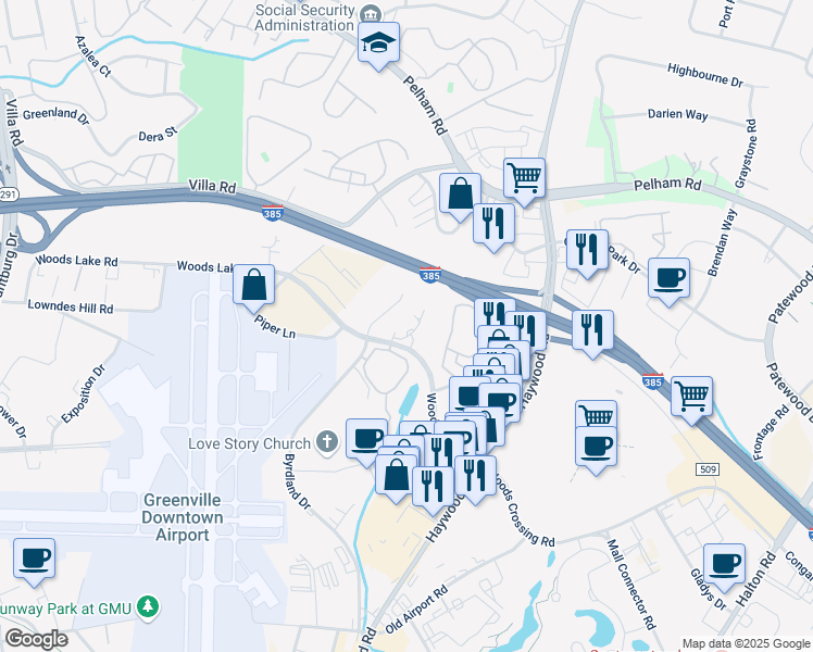 map of restaurants, bars, coffee shops, grocery stores, and more near 407 Woods Lake Road in Greenville