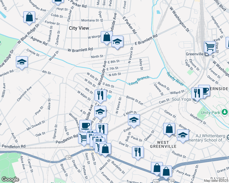 map of restaurants, bars, coffee shops, grocery stores, and more near 29 East 5th Street in Greenville