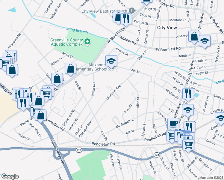 map of restaurants, bars, coffee shops, grocery stores, and more near 223 Clemson Avenue in Greenville
