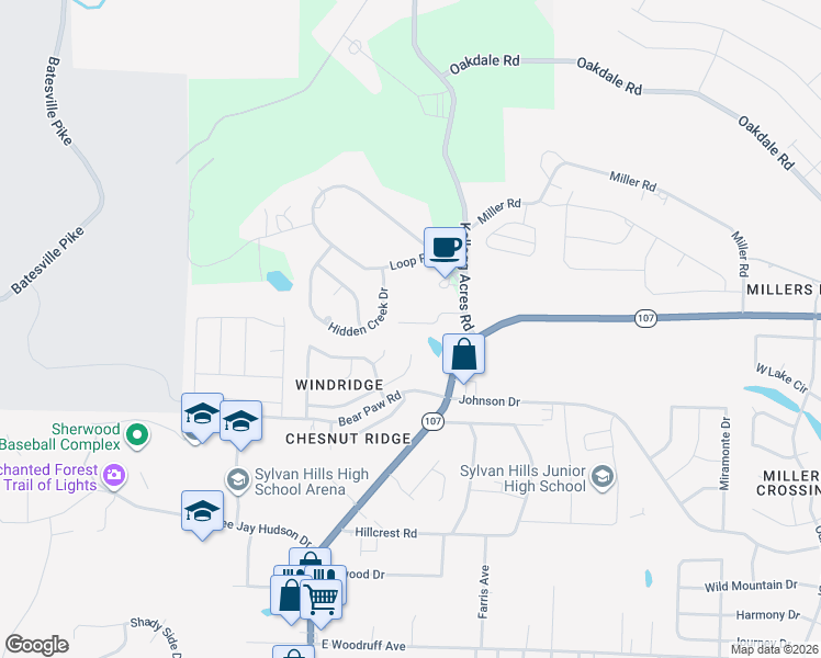 map of restaurants, bars, coffee shops, grocery stores, and more near 203 Amber Oaks Drive in Sherwood