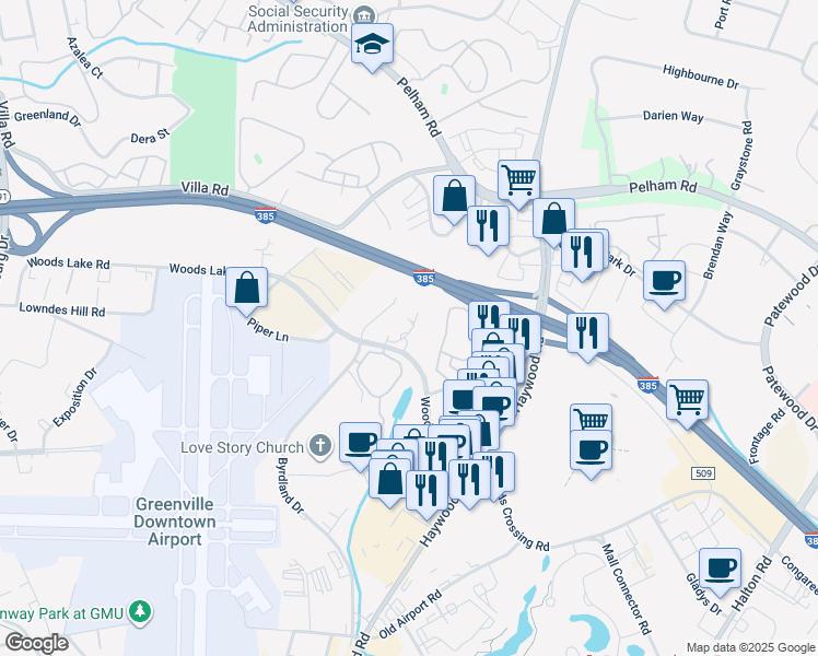 map of restaurants, bars, coffee shops, grocery stores, and more near 407 Woods Lake Road in Greenville