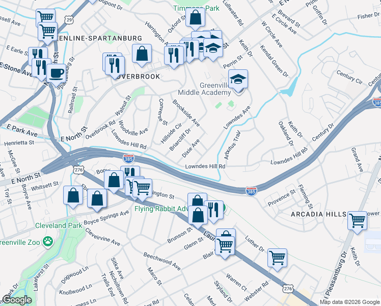 map of restaurants, bars, coffee shops, grocery stores, and more near 12 Dixie Avenue in Greenville