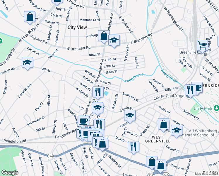 map of restaurants, bars, coffee shops, grocery stores, and more near 29 East 5th Street in Greenville