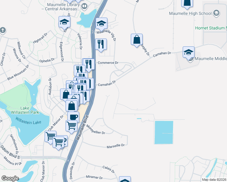 map of restaurants, bars, coffee shops, grocery stores, and more near 220 Marseille Drive in Maumelle