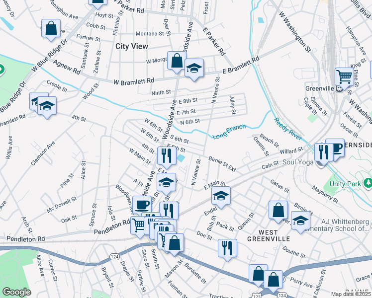 map of restaurants, bars, coffee shops, grocery stores, and more near 29 East 5th Street in Greenville