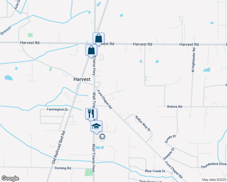 map of restaurants, bars, coffee shops, grocery stores, and more near 128 Cobb Drive in Harvest