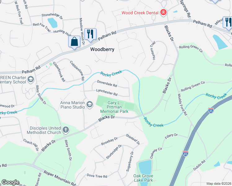 map of restaurants, bars, coffee shops, grocery stores, and more near 132 Lynchester Road in Greenville