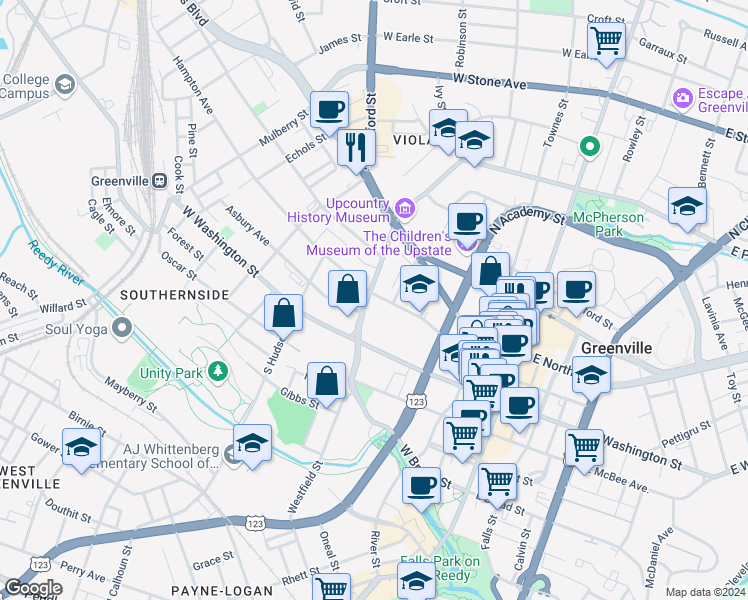 map of restaurants, bars, coffee shops, grocery stores, and more near 231 Hampton Avenue in Greenville