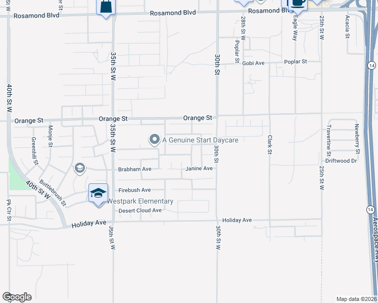 map of restaurants, bars, coffee shops, grocery stores, and more near 3115 Tumbleweed Avenue in Rosamond