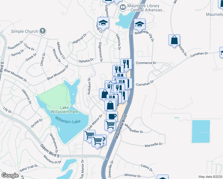 map of restaurants, bars, coffee shops, grocery stores, and more near 1701 Club Manor Drive in Maumelle