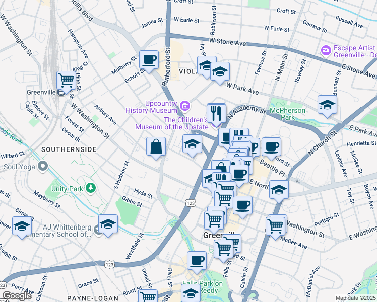 map of restaurants, bars, coffee shops, grocery stores, and more near 5 Duncan Street in Greenville