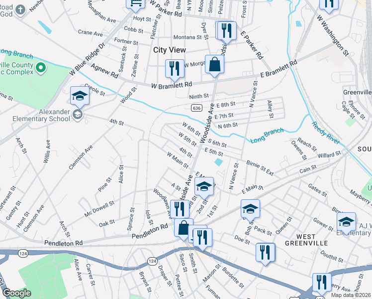 map of restaurants, bars, coffee shops, grocery stores, and more near 301 Woodside Avenue in Greenville