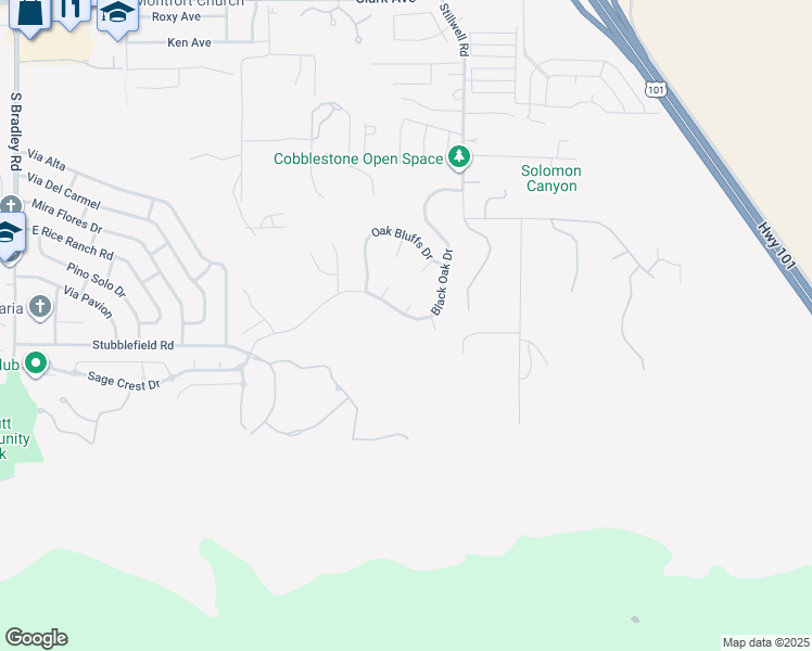 map of restaurants, bars, coffee shops, grocery stores, and more near 1570 Black Oak Drive in Santa Maria