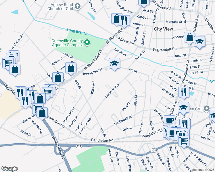 map of restaurants, bars, coffee shops, grocery stores, and more near 223 Clemson Avenue in Greenville