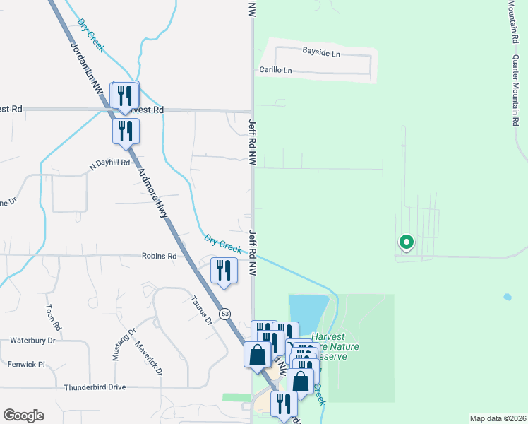 map of restaurants, bars, coffee shops, grocery stores, and more near 3263 Jeff Road Northwest in Harvest