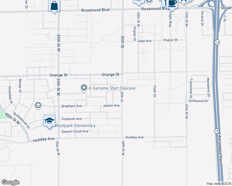 map of restaurants, bars, coffee shops, grocery stores, and more near 3024 Erica Avenue in Rosamond