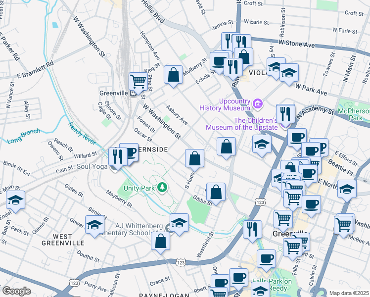 map of restaurants, bars, coffee shops, grocery stores, and more near in Greenville