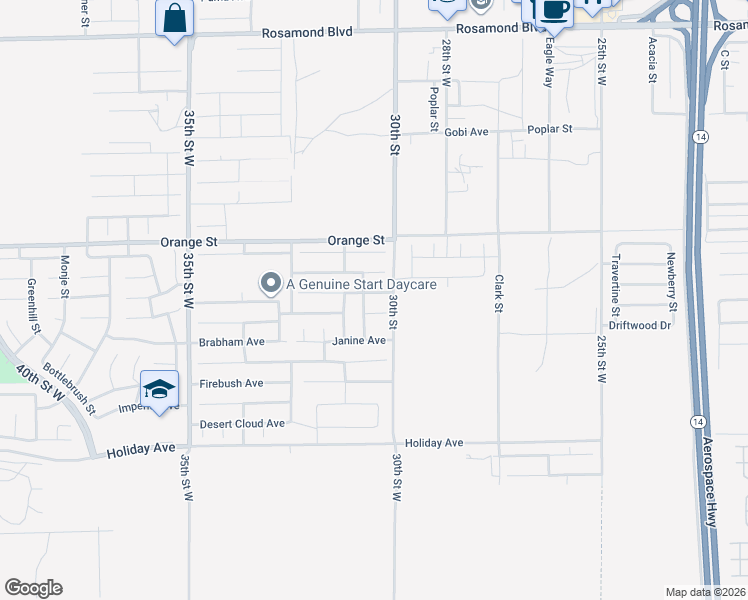 map of restaurants, bars, coffee shops, grocery stores, and more near 3024 Erica Avenue in Rosamond