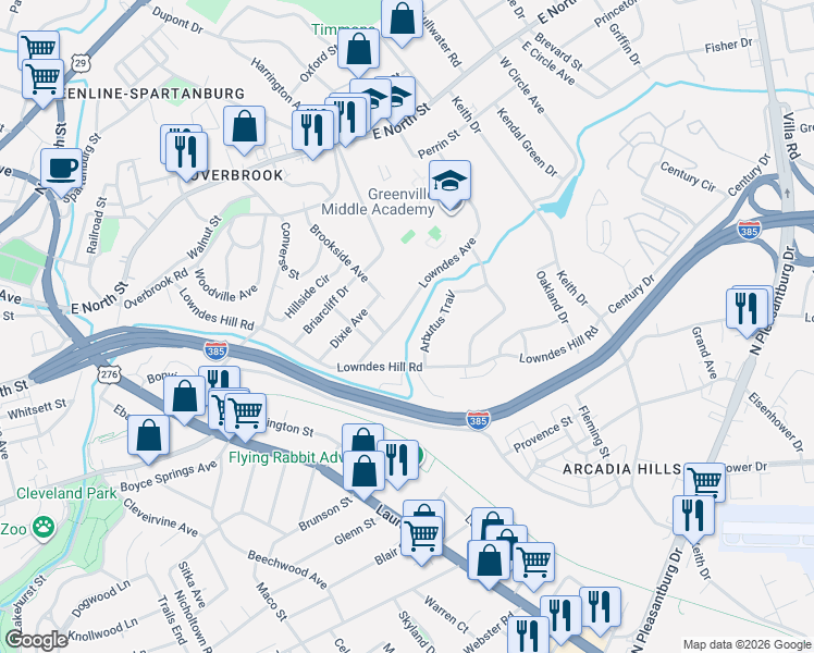 map of restaurants, bars, coffee shops, grocery stores, and more near 9 Arbutus Trail in Greenville