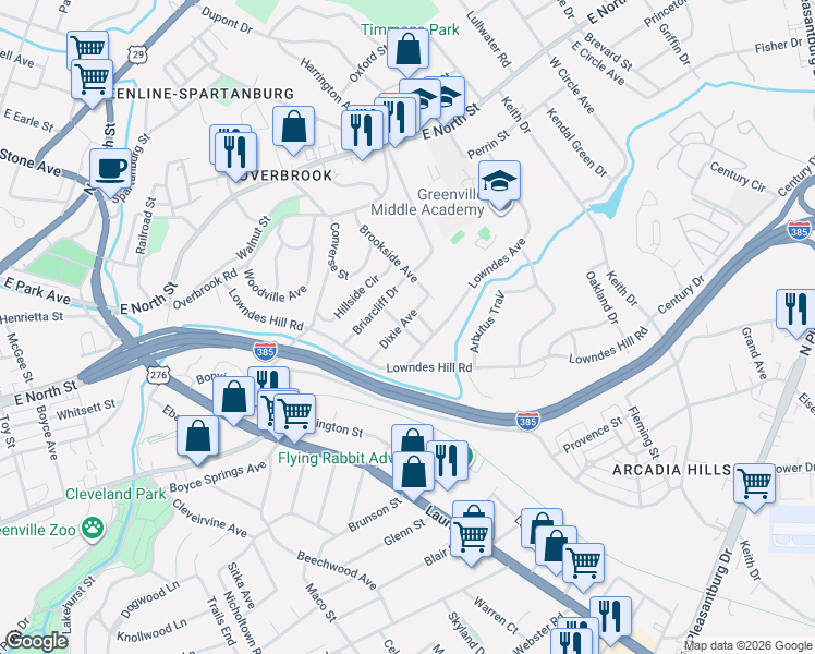 map of restaurants, bars, coffee shops, grocery stores, and more near 12 Lowndes Avenue in Greenville