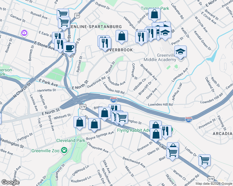 map of restaurants, bars, coffee shops, grocery stores, and more near 90 Hillside Drive in Greenville