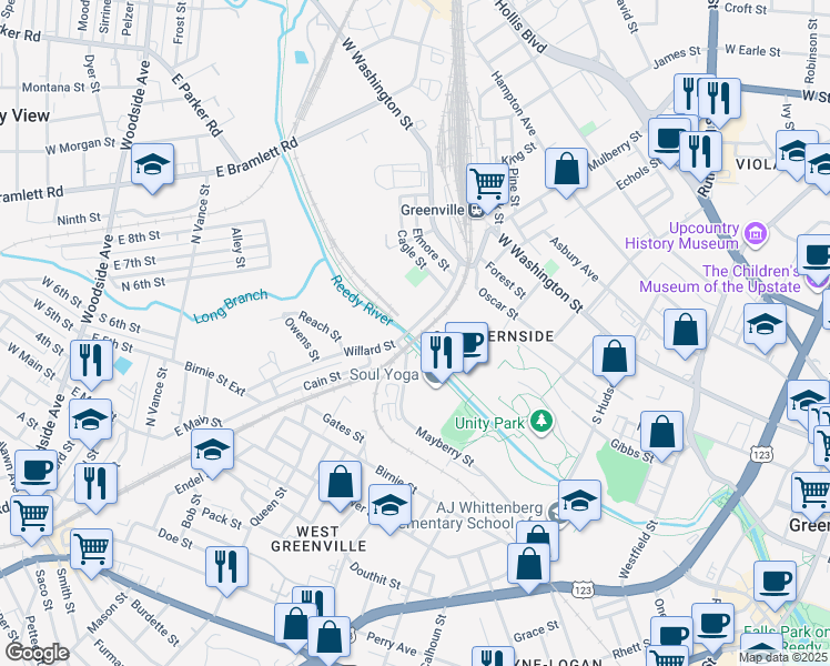 map of restaurants, bars, coffee shops, grocery stores, and more near Greenville Health System Swamp Rabbit Trail in Greenville