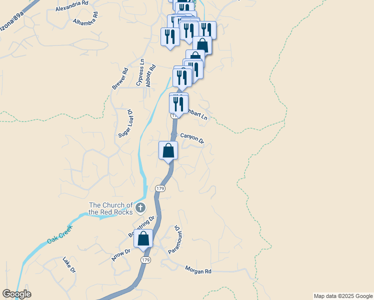map of restaurants, bars, coffee shops, grocery stores, and more near 180 Redstone Drive in Sedona