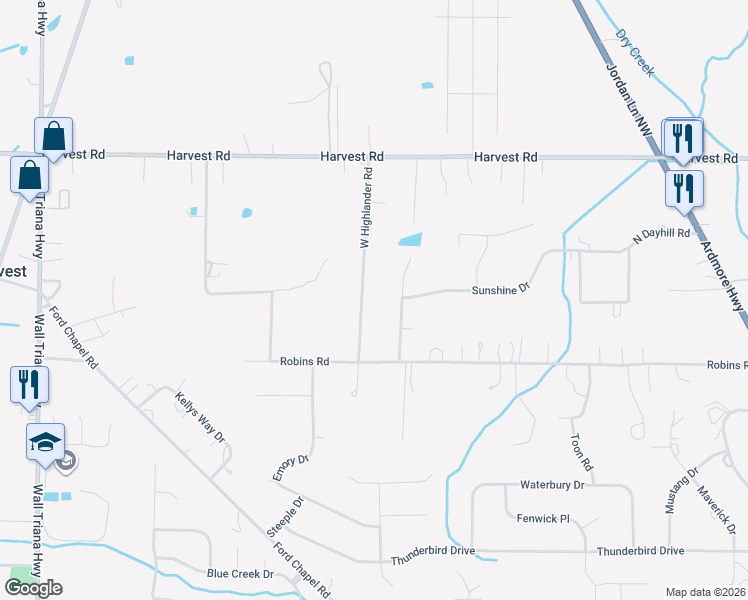 map of restaurants, bars, coffee shops, grocery stores, and more near 133 West Highlander Drive in Harvest