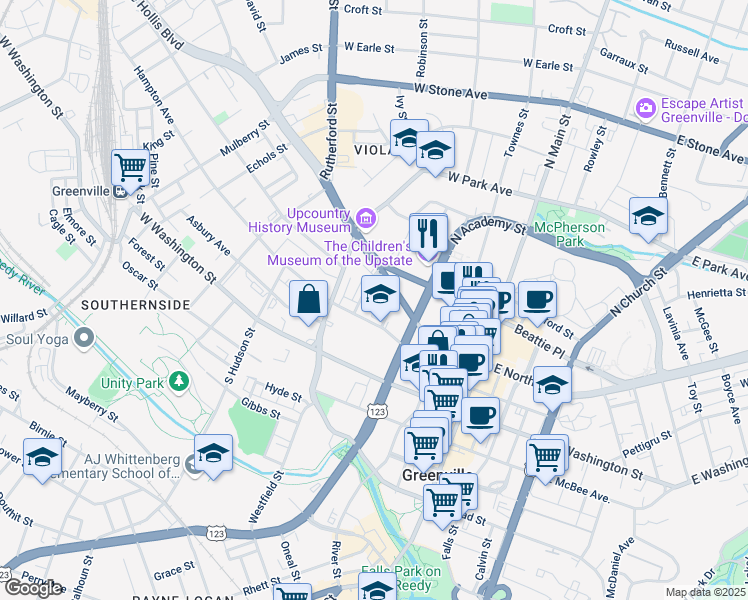 map of restaurants, bars, coffee shops, grocery stores, and more near 5 Duncan Street in Greenville