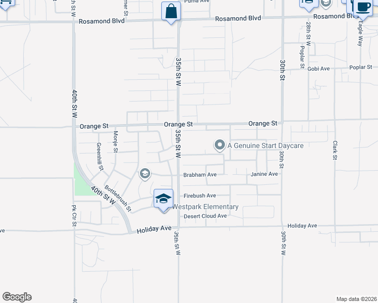 map of restaurants, bars, coffee shops, grocery stores, and more near 3427 Rosegold Avenue in Rosamond