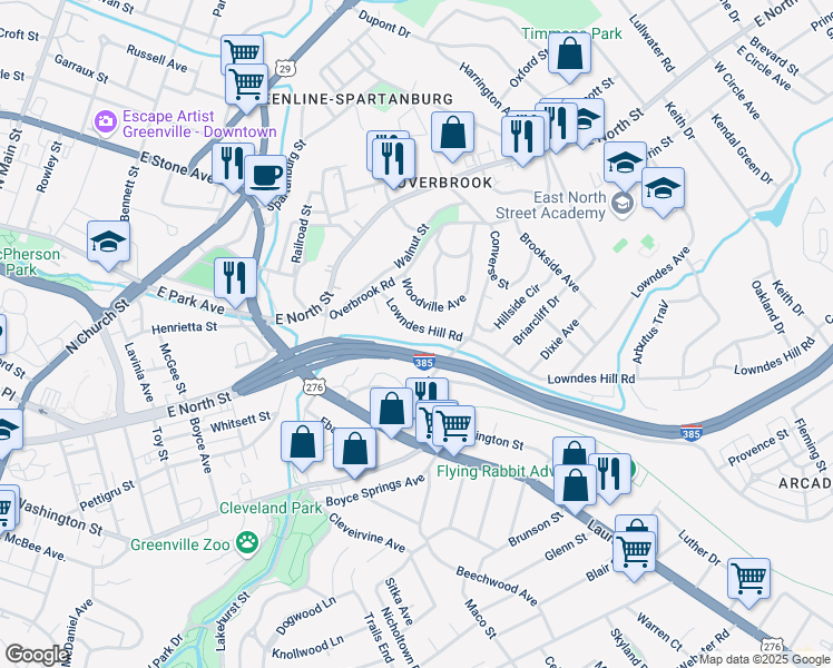map of restaurants, bars, coffee shops, grocery stores, and more near 90 Hillside Drive in Greenville