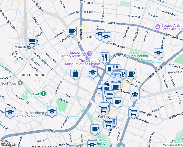 map of restaurants, bars, coffee shops, grocery stores, and more near 5 Duncan Street in Greenville