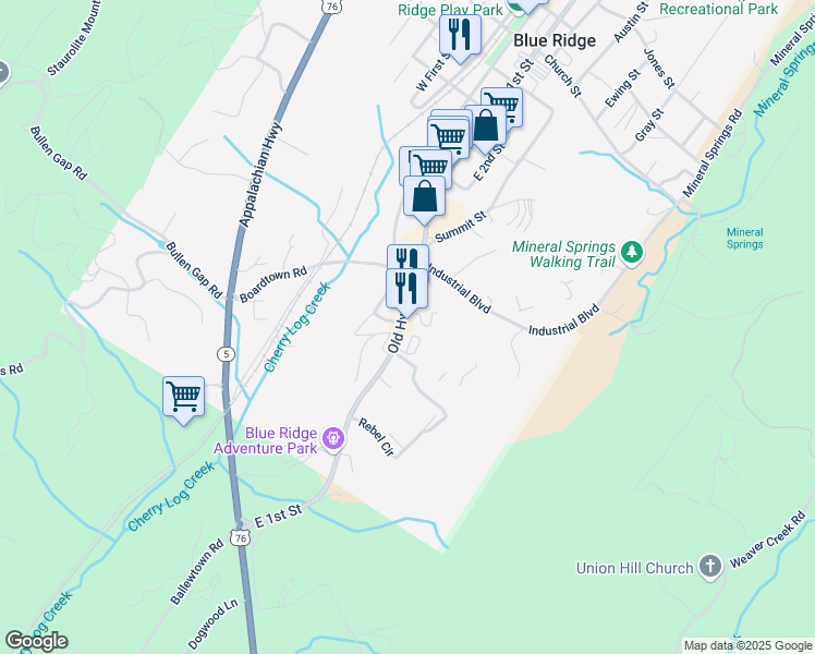 map of restaurants, bars, coffee shops, grocery stores, and more near 2414 East 1st Street in Blue Ridge